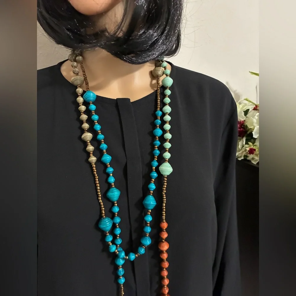 BoHo multi-wear paper bead Satoir 72” necklace can be doubled or tripled